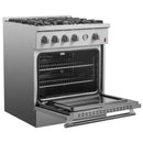 Left-angled view of the FORNO 30-inch gas range with the oven door open, highlighting the interior oven space, racks, and durable stainless steel exterior.