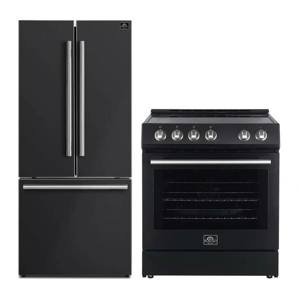 Front view of the FORNO 2-Piece Appliance Package featuring a 30-inch electric range with a smooth glass cooktop and a spacious stainless steel oven, paired with a 30-inch French door refrigerator with bottom freezer—delivering a cohesive, modern kitchen design with efficient performance.
