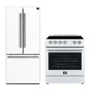 Forno 2-piece appliance package featuring a 30-inch electric range and a 30-inch refrigerator in a clean white finish, with matching modern handles and minimalist design for a cohesive kitchen look.