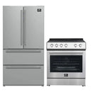 FORNO 2-piece appliance package featuring a 30-inch stainless steel electric range and a 36-inch French door refrigerator, both with a sleek modern finish and matching handles for a cohesive kitchen design.