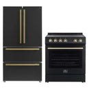 Forno 2-piece appliance package featuring a 30-inch electric range and a 36-inch French door refrigerator in matching black finish with antique brass handles, displayed side by side in a modern kitchen setting.
