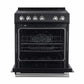 Front view of the FORNO 30-inch electric range with the oven door open, revealing a spacious interior with multiple rack positions and a large oven cavity for versatile cooking.