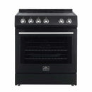 Front view of the FORNO 30-inch electric range, featuring a sleek cooktop surface, control knobs, and a large-capacity oven with a viewing window and bold handle design.