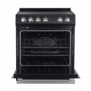 Front view of the FORNO 30-inch electric range in black from the 2-Piece Appliance Package with the oven door open, revealing a spacious stainless steel interior, multiple rack positions, and interior lighting—ideal for versatile baking and roasting performance.