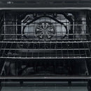 Interior view of the FORNO 30-inch electric range in black from the 2-Piece Appliance Package, featuring a spacious stainless steel oven cavity with multiple rack positions and bright interior lighting—ideal for versatile baking, roasting, and broiling.