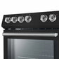 Close-up view of the control knobs on the FORNO 30-inch electric range in black from the 2-Piece Appliance Package, featuring stainless steel finishes with precise markings and smooth-turn operation for easy cooktop and oven temperature adjustment.