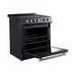 Left angled view of the FORNO 30-inch electric range in black from the 2-Piece Appliance Package with the oven door open, showcasing the spacious interior, adjustable racks, and smooth door hinge—designed for convenient access and efficient multi-level cooking.