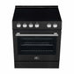 Top-down view of the FORNO 30-inch electric range in black from the 2-Piece Appliance Package, featuring a smooth black ceramic glass cooktop with four radiant heating elements and clearly marked zones—designed for easy cleaning and precise heat control.