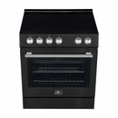 Top-down view of the FORNO 30-inch electric range in black from the 2-Piece Appliance Package, featuring a smooth black ceramic glass cooktop with four radiant heating elements and clearly marked zones—designed for easy cleaning and precise heat control.