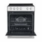 Front view of the Forno 30-inch electric range in stainless steel with the oven door open, revealing a spacious black enamel interior with multiple rack positions, ideal for baking and roasting versatility.