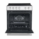 Front view of the Forno 30-inch electric range in stainless steel with the oven door open, revealing a spacious black enamel interior with multiple rack positions, ideal for baking and roasting versatility.