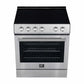 Top view of the Forno 30-inch electric range in stainless steel, featuring a smooth black ceramic glass cooktop with four radiant heating elements and front-positioned control knobs for convenient operation.