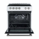Front view of the Forno 30-inch electric range in white with the oven door open, revealing a spacious interior with multiple wire racks and a black enamel finish, designed for versatile cooking needs.