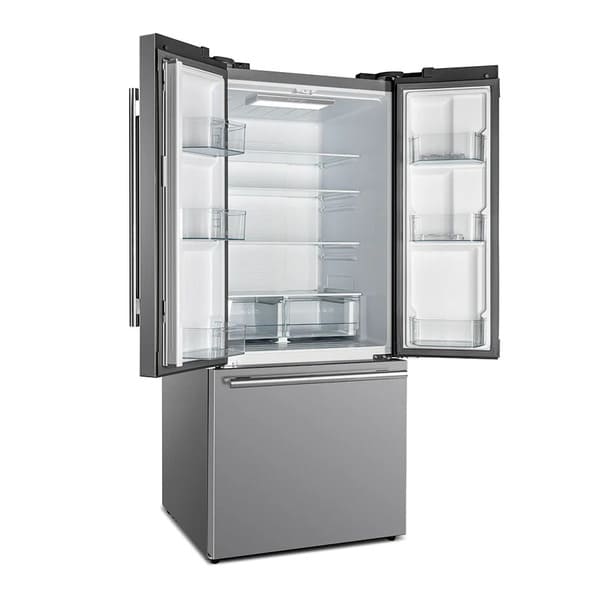 Front left angled view of the FORNO 30-inch French door refrigerator from the 2-Piece Appliance Package with both top doors open, revealing adjustable glass shelves, spacious door bins, and a well-lit interior—designed for convenient access and organized food storage.