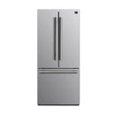 Front view of the FORNO 30-inch French door refrigerator from the 2-Piece Appliance Package, featuring a sleek stainless steel finish, double doors with vertical handles, and a bottom freezer drawer—offering a modern, space-efficient design for contemporary kitchens.