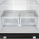 Close-up view of the crisper drawer inside the FORNO 30-inch French door refrigerator in black from the 2-Piece Appliance Package, featuring a transparent design with smooth gliding rails—ideal for keeping fruits and vegetables fresh and easily accessible.