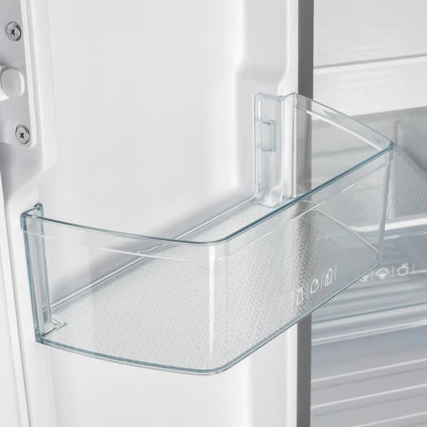 Close-up view of a door bin inside the FORNO 30-inch French door refrigerator in black from the 2-Piece Appliance Package, showing a clear, spacious compartment—perfect for storing bottles, condiments, and small containers within easy reach.