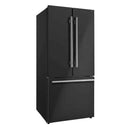 Front left angled view of the FORNO 30-inch French door refrigerator in black from the 2-Piece Appliance Package, showcasing its matte black finish, sleek vertical handles, and bottom freezer drawer—designed to complement contemporary kitchens with a bold, modern aesthetic.