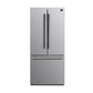 Front view of the Forno 30-inch French door refrigerator in stainless steel, featuring sleek double doors, a bottom freezer drawer, and minimalist handles for a modern, streamlined kitchen aesthetic.