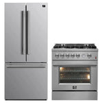 Front view of the FORNO 2-Piece Appliance Package featuring a 30-inch gas range with multiple sealed burners and a stainless steel oven, alongside a 30-inch French door refrigerator with sleek handles and a bottom freezer—designed to deliver performance and style in compact kitchen spaces.