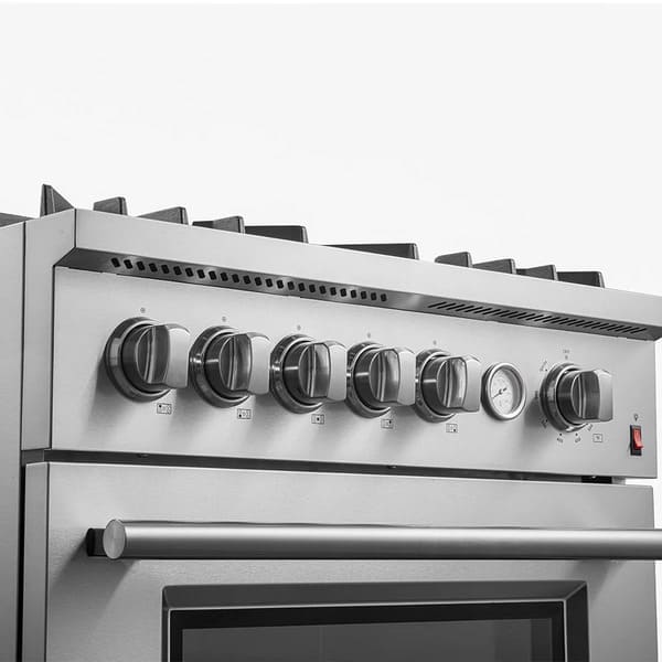 Close-up view of the control knobs on the FORNO 30-inch gas range from the 2-Piece Appliance Package, featuring stainless steel finishes, smooth-turn operation, and clearly marked settings for precise burner and oven control.