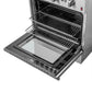 Close-up right angled view of the FORNO 30-inch gas range from the 2-Piece Appliance Package with the oven door open, showcasing the stainless steel interior, oven rack guides, and door hinge design—emphasizing build quality and convenient access for baking and roasting.
