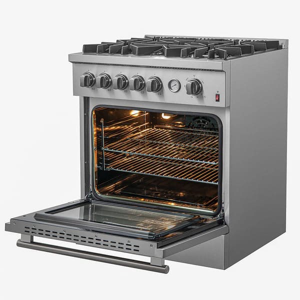 Right angled front view of the FORNO 30-inch gas range from the 2-Piece Appliance Package with the oven door open, highlighting the stainless steel interior, adjustable oven racks, and wide oven cavity—engineered for efficient heat circulation and flexible cooking options.