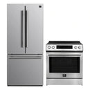 FORNO 2-piece appliance package featuring a 30-inch induction range and a 30-inch French door refrigerator in stainless steel, shown side by side in a kitchen setting.