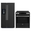 FORNO 2-piece appliance package featuring a 30-Inch Induction Range and a 36-Inch Side-by-Side Refrigerator with Water Dispenser in Black, presented together with matching finishes for a sleek, contemporary kitchen setup.