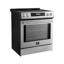 Front left-angled view of the FORNO 30-inch induction range in stainless steel, showcasing the sleek glass cooktop, control knobs, and modern oven design with a large viewing window.