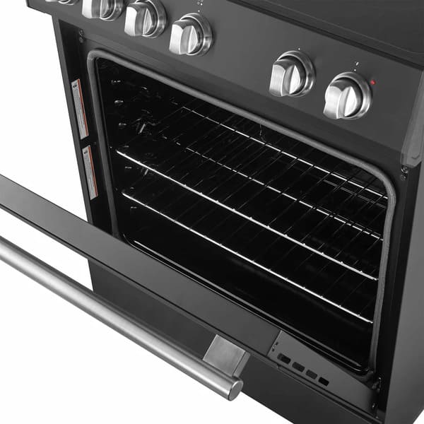 Close-up view of the Forno 30-inch Leonardo electric range oven door, featuring a large window and sleek black finish with antique brass trim.