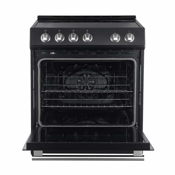Front view of the Forno 30-inch Leonardo electric range with the oven door open, revealing the spacious interior with multiple wire racks and a black enamel finish.