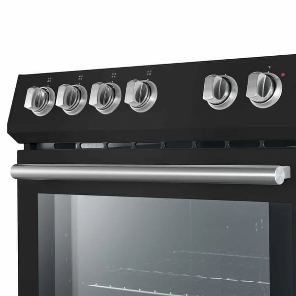 Close-up of the Forno 30-inch Leonardo electric range’s control knobs in antique brass finish, featuring easy-to-grip design with clear temperature markings.