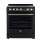 Front view of the Forno 30-inch Leonardo Espresso electric range, featuring a bold black finish accented with antique brass knobs, handle, and trim, combining vintage charm with modern performance.