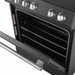 Close-up view of the oven door on the Forno 30-inch Leonardo Espresso electric range, showcasing a large glass window, black finish, and antique brass handle for a stylish and functional design.
