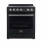 Front view of the Forno 30-inch Leonardo Espresso electric range, showcasing a sleek black finish, a large oven window, and a smooth ceramic glass cooktop.