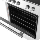 Close-up view of the oven door on the Forno 30-inch Leonardo Espresso electric range in white, featuring a large glass viewing window and an antique brass handle that adds a classic touch to the modern design.