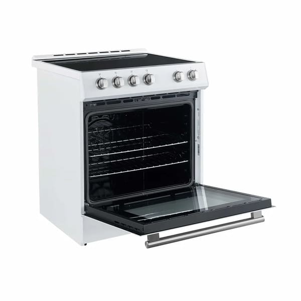 Front left-angled view of the Forno 30-inch Leonardo Espresso electric range in white with the oven door open, showcasing the spacious black interior, multiple rack positions, and elegant antique brass knobs and handle.