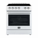 Front view of the Forno 30-inch Leonardo Espresso electric range in a white finish, featuring a smooth cooktop, large oven window, and stylish antique brass control knobs for a refined, modern-classic look.