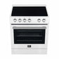 Top view of the Forno 30-inch Leonardo Espresso electric range in white, featuring a smooth black ceramic glass cooktop with four radiant heating elements and antique brass control knobs along the front edge.