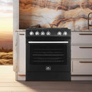 Forno 30-inch Leonardo Espresso electric range in a lifestyle kitchen setting, featuring a rich black finish with antique brass accents, seamlessly blending classic design with modern functionality.