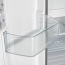 Close-up view of a clear door bin inside the Forno 30-inch refrigerator in white, designed for storing bottles, condiments, and small containers within easy reach.