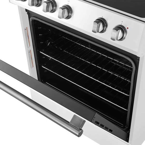 Close-up of the oven door on the Forno 30-inch Leonardo electric range, featuring a large glass viewing window and an antique brass handle that blends traditional elegance with modern functionality.
