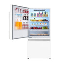 Front view of the Forno 31-inch left-hinge refrigerator in white with the door open, revealing a bright, organized interior with adjustable glass shelves, clear crisper drawers, and spacious door bins for efficient food storage.