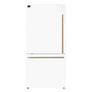 Lifestyle view of the Forno 31-inch left-hinge refrigerator in a white finish with antique brass handle, featured in a stylish kitchen setting that blends classic accents with modern design for a timeless look.