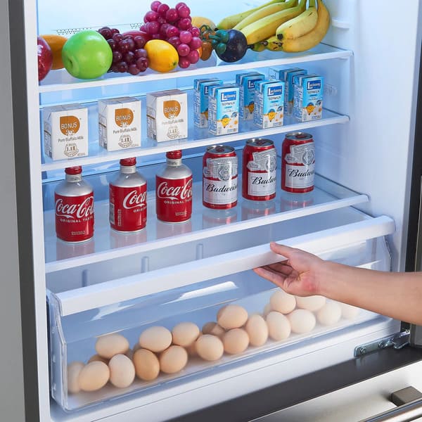 Interior view of the FORNO 31-inch right-hinge refrigerator in stainless steel, showcasing the clear storage drawers and adjustable shelves designed for efficient food organization.
