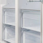 Close-up view of the drawers inside the FORNO 33-inch side-by-side refrigerator in stainless steel, highlighting the clear, spacious design for storing produce and perishables.