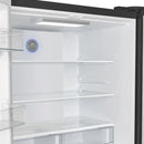 Interior view of the Forno 36-inch French door refrigerator showing the crisper drawers and adjustable glass shelves, designed for organized and flexible food storage.