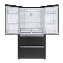 Front view of the Forno 36-inch French door refrigerator with both doors open, revealing spacious interior storage with adjustable glass shelves, door bins, and crispers, in a sleek black finish with antique brass handles.