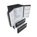 Angled front-left view of the Forno 36-inch French door refrigerator with doors open, showcasing the interior shelving, crisper drawers, and door storage in a black finish with antique brass handles.